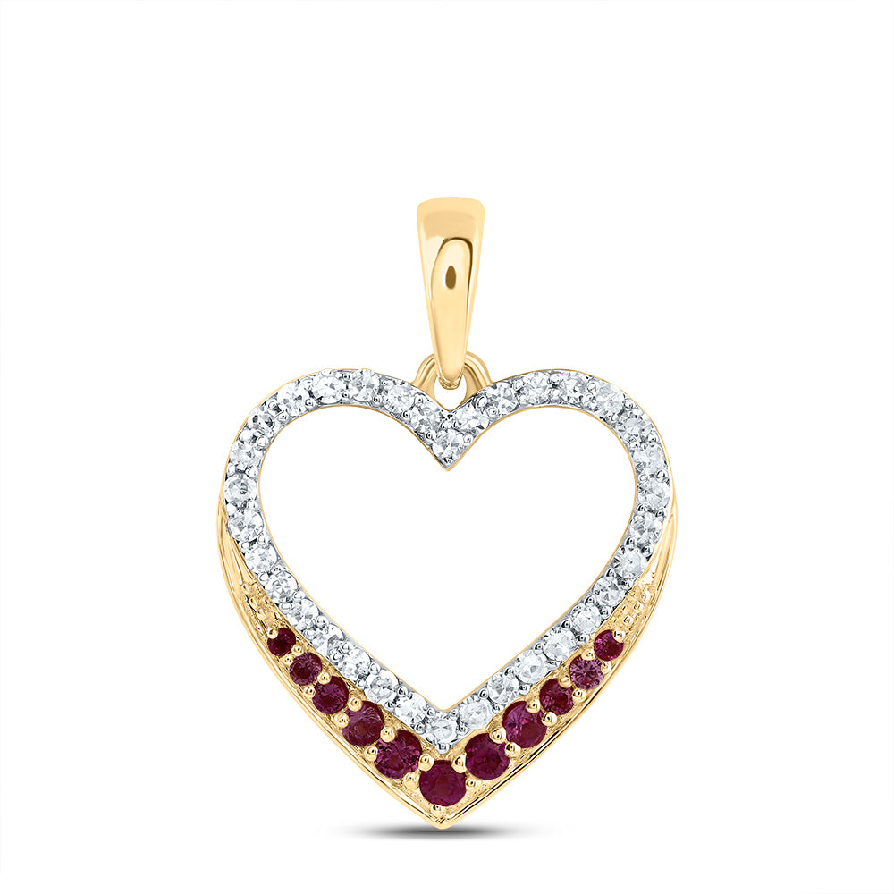0.23 Ctw Natural Diamond Red Open Heart Pendant in 10k Yellow Gold