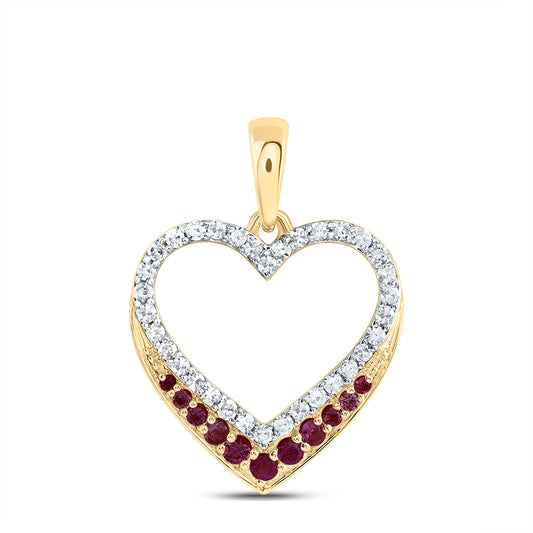 0.23 Ctw Natural Diamond Red Open Heart Pendant in 10k Yellow Gold