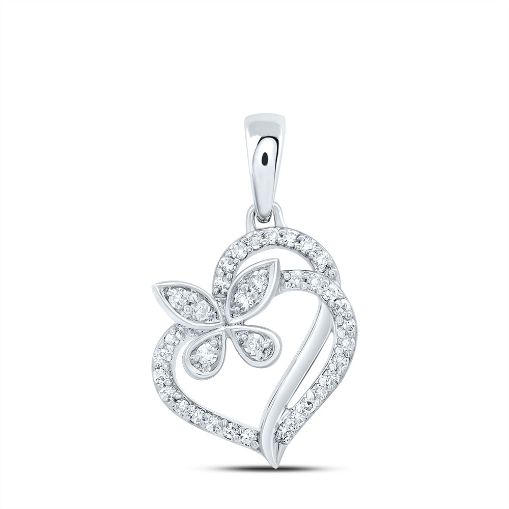 0.12 Ctw Natural Diamond Butterfly Open Heart Pendant in 10k White Gold