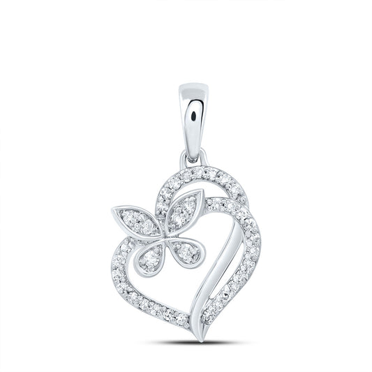0.12 Ctw Natural Diamond Butterfly Open Heart Pendant in 10k White Gold