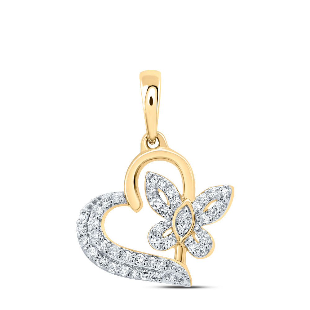 0.12 Ctw Natural Diamond Butterfly Open Heart Pendant in 10k Yellow Gold