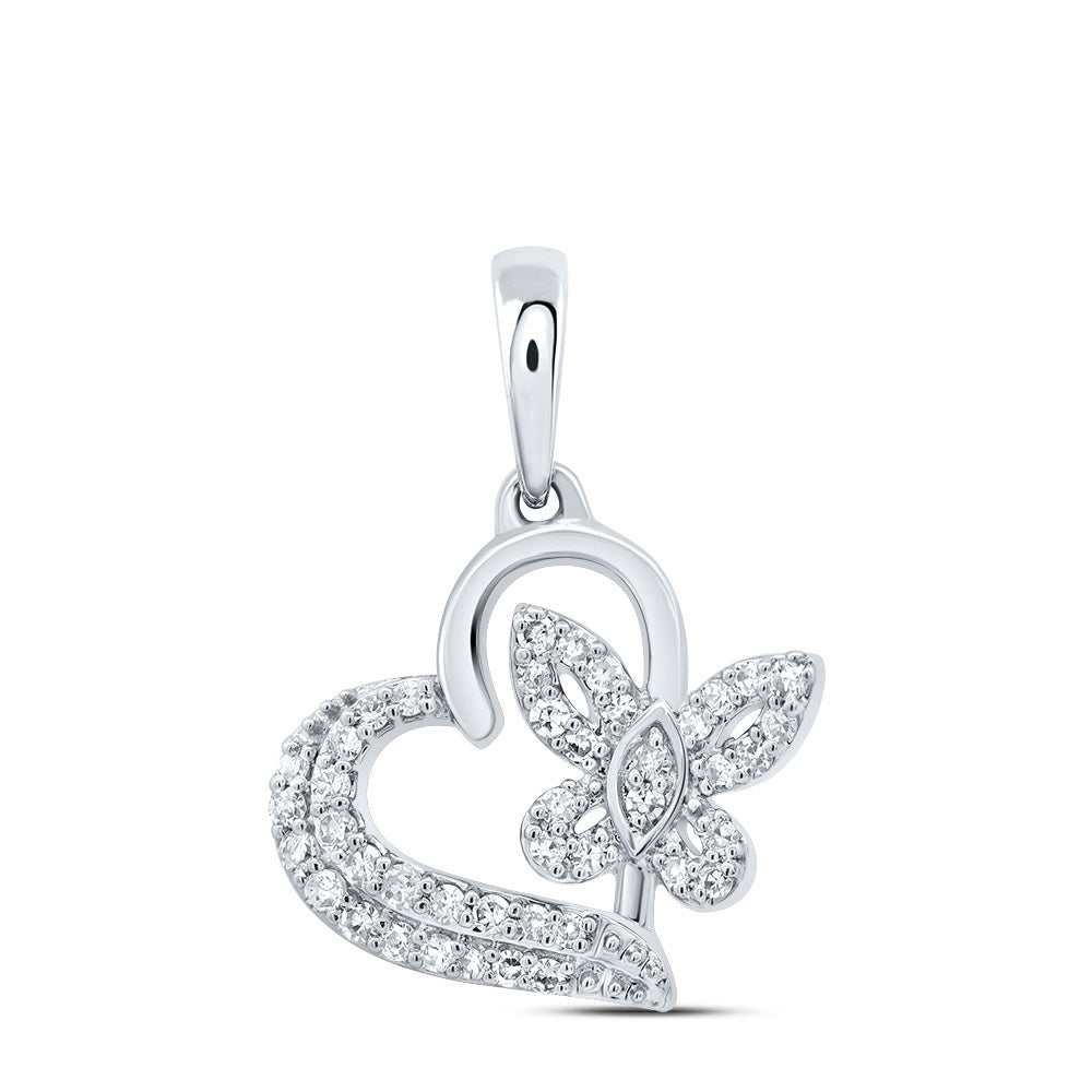 0.12 Ctw Natural Diamond Open Heart Butterfly Pendant in 10k White Gold