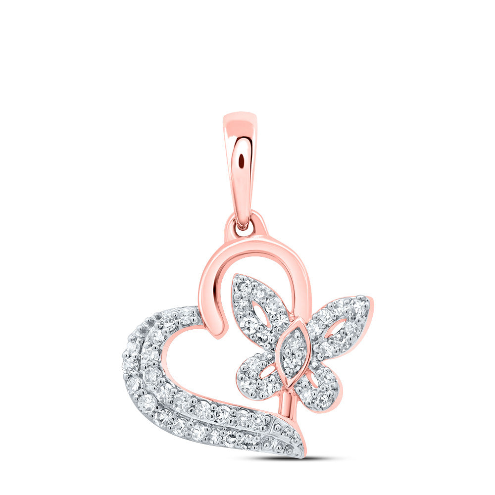 0.12 Ctw Natural Diamond Open Heart Butterfly Pendant in 10k Rose Gold