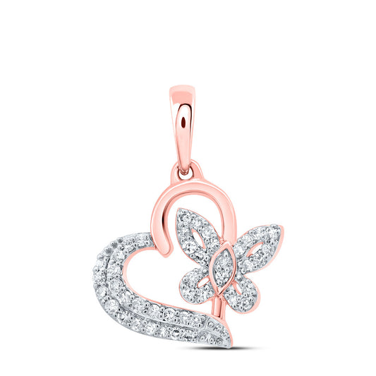 0.12 Ctw Natural Diamond Open Heart Butterfly Pendant in 10k Rose Gold