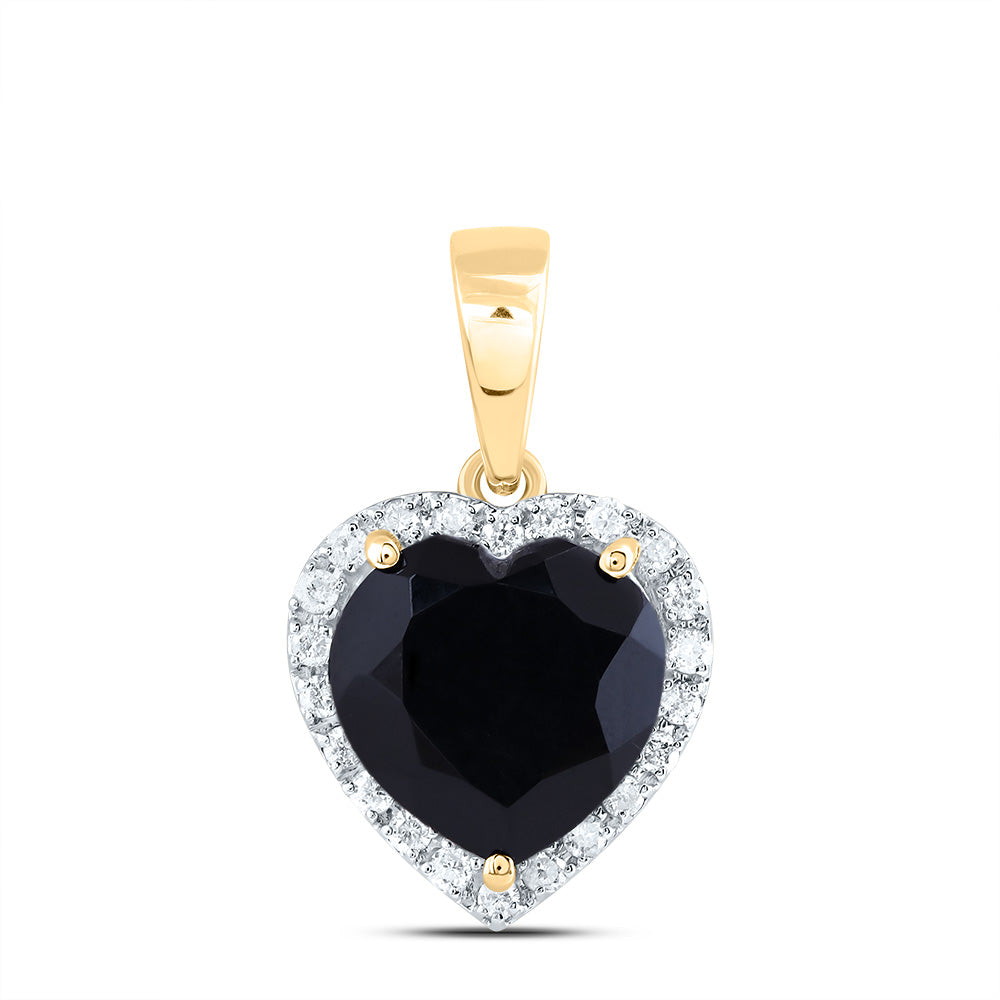 3.46 Ctw Natural Diamond Black Onyx Heart Pendant in 10k Yellow Gold