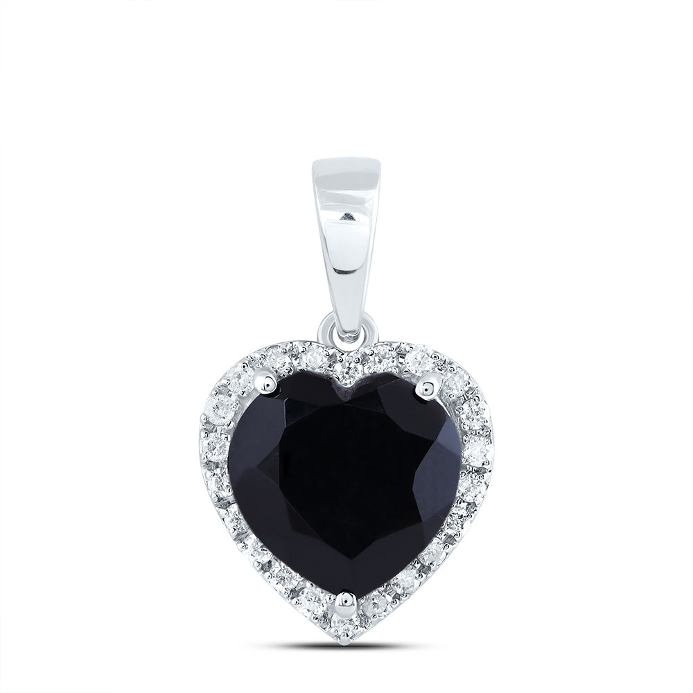 3.54 Ctw Natural Diamond Black Onyx Heart Pendant in 10k White Gold