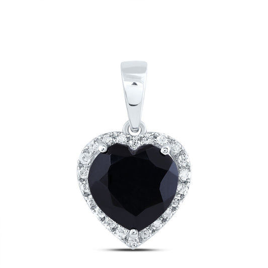 3.54 Ctw Natural Diamond Black Onyx Heart Pendant in 10k White Gold