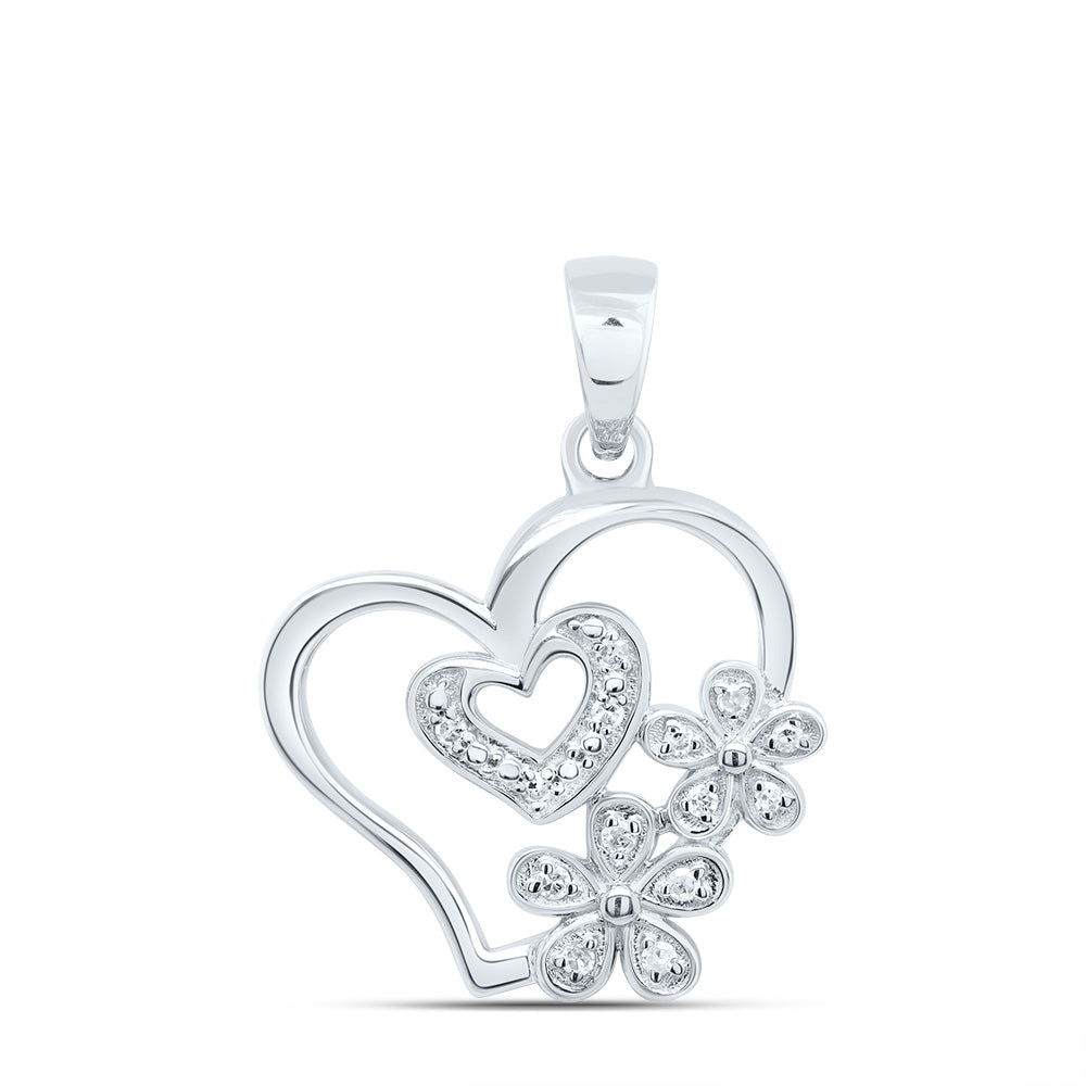 0.05 Ctw Natural Diamond Double Heart Flower Pendant in 10k White Gold