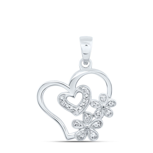 0.05 Ctw Natural Diamond Double Heart Flower Pendant in 10k White Gold