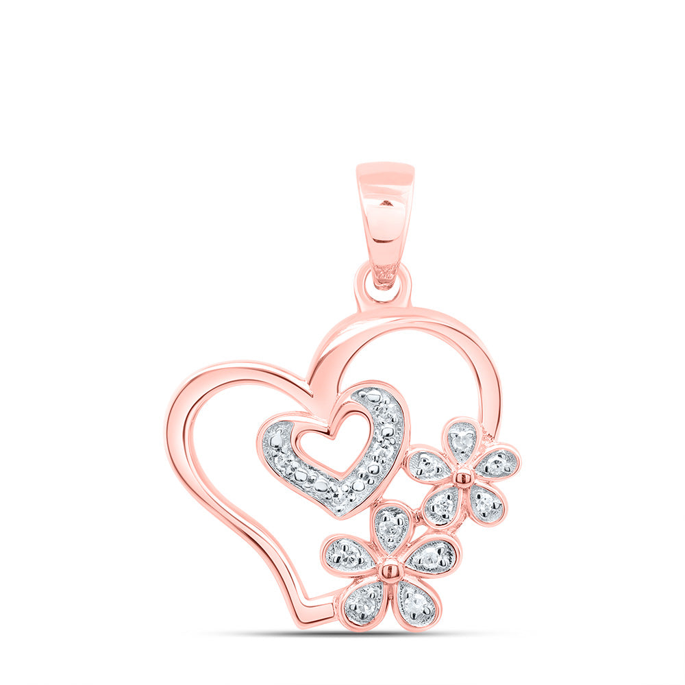 0.05 Ctw Natural Diamond Double Heart Flower Pendant in 10k Rose Gold