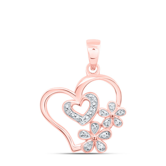 0.05 Ctw Natural Diamond Double Heart Flower Pendant in 10k Rose Gold
