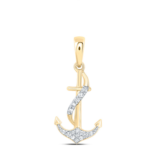 0.07 Ctw Natural Diamond Anchor Pendant in 10k Yellow Gold