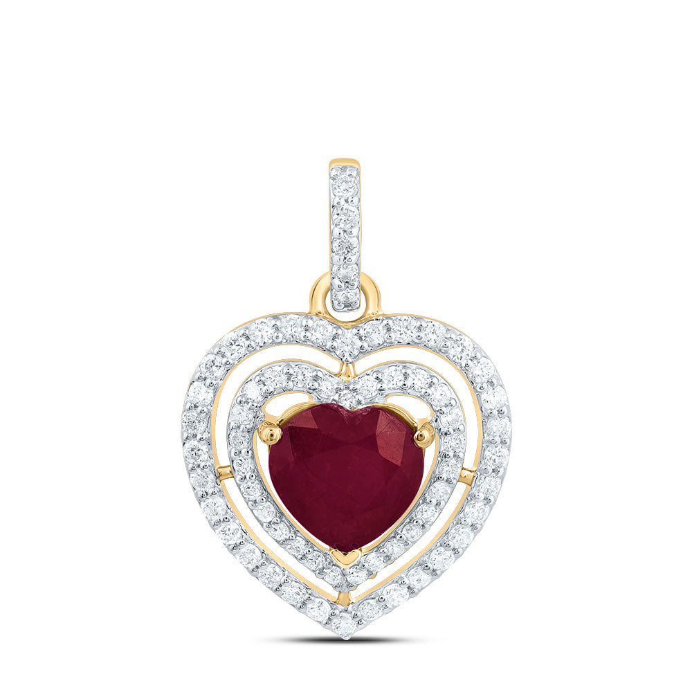 2.8 Ctw Natural Diamond Red Ruby 3 Three Heart Pendant in 14k Yellow Gold