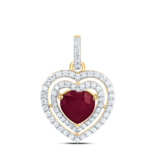 2.8 Ctw Natural Diamond Red Ruby 3 Three Heart Pendant in 14k Yellow Gold