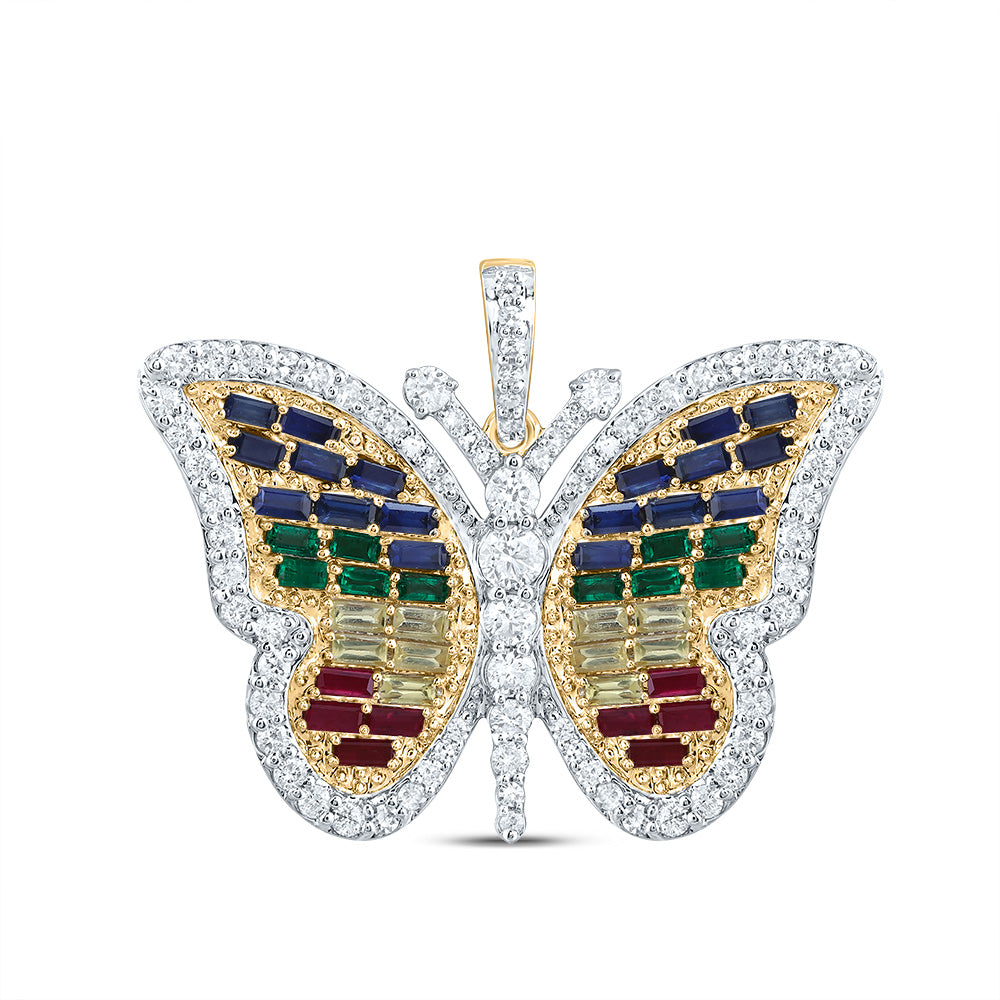 2.17 Ctw Natural Diamond Multi Color Cluster Butterfly Pendant in 10k Yellow Gold