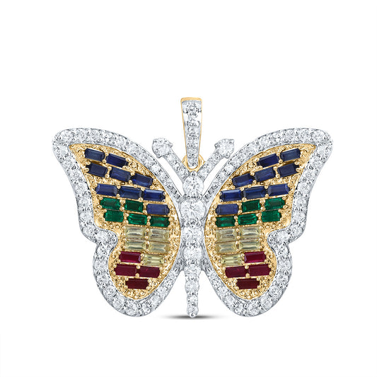 2.17 Ctw Natural Diamond Multi Color Cluster Butterfly Pendant in 10k Yellow Gold
