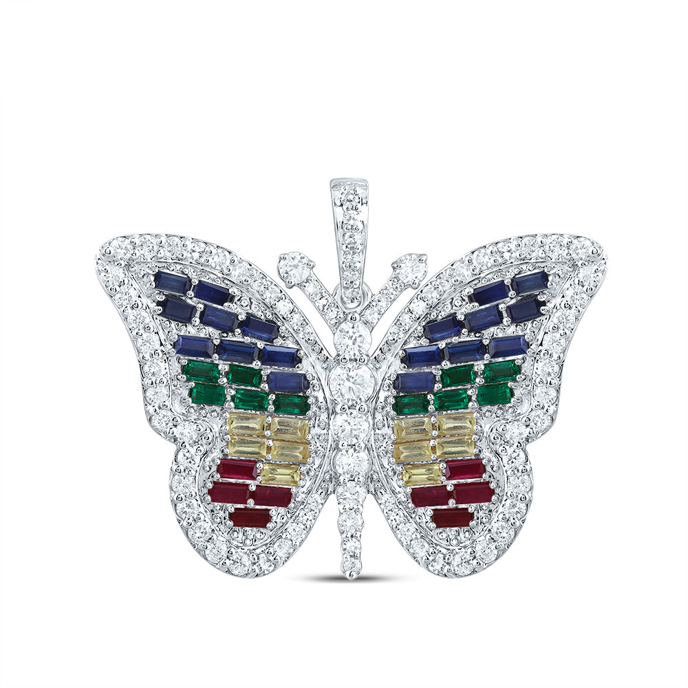 2.21 Ctw Natural Diamond Multi Color Cluster Butterfly Pendant in 10k White Gold