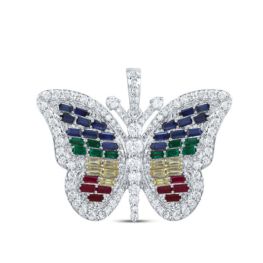 2.21 Ctw Natural Diamond Multi Color Cluster Butterfly Pendant in 10k White Gold