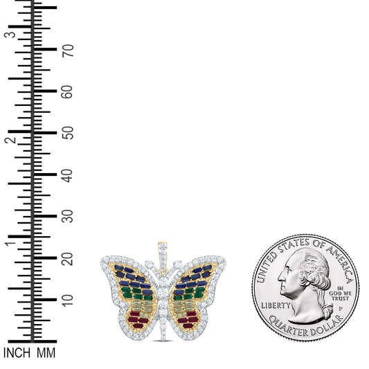 2.18 Ctw Natural Diamond Multi Color Cluster Butterfly Pendant in 14k Yellow Gold
