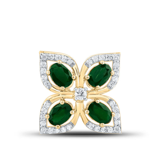 1.12 Ctw Natural Diamond Clover Flower Green Pendant in 14k Yellow Gold