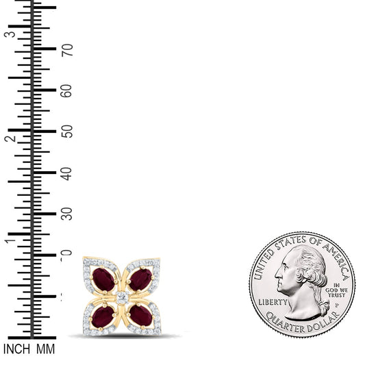 1.13 Ctw Natural Diamond Clover Flower Red Pendant in 14k Yellow Gold