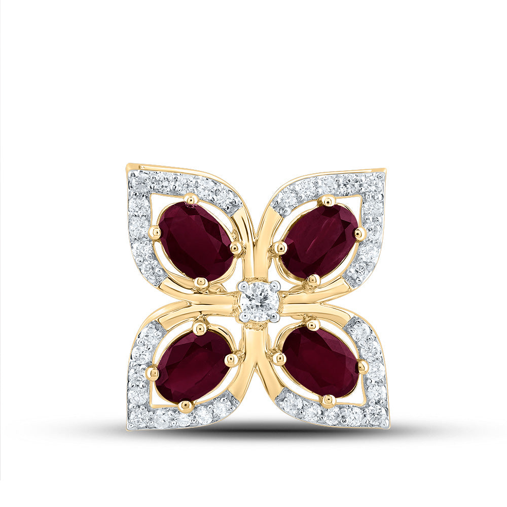 1.13 Ctw Natural Diamond Clover Flower Red Pendant in 14k Yellow Gold