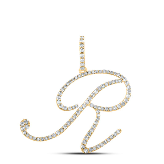 0.61 Ctw Natural Diamond Cursive Initial Letter R Pendant in 14k Yellow Gold