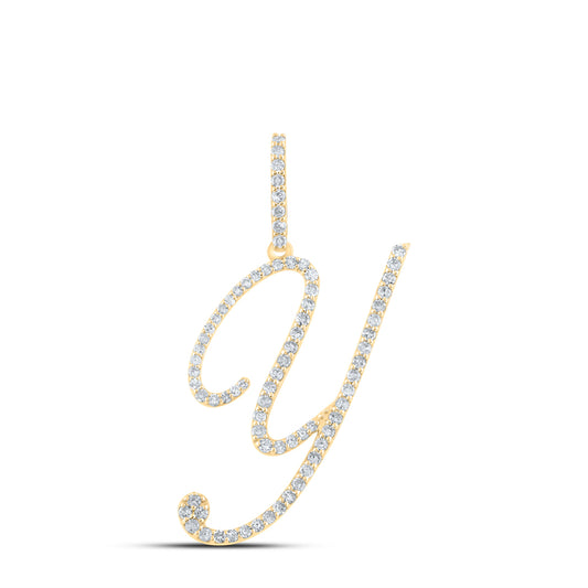 0.48 Ctw Natural Diamond Cursive Initial Letter Y Pendant in 14k Yellow Gold