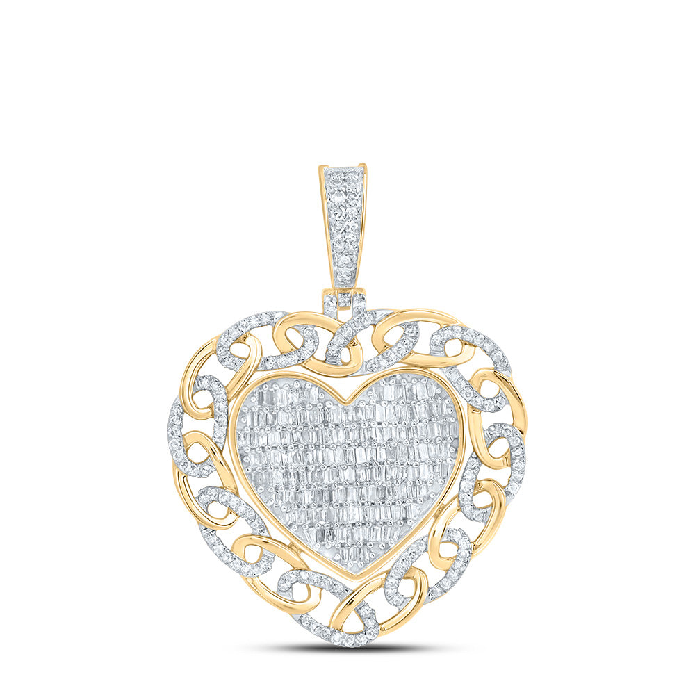 1.03 Ctw Natural Diamond Heart Link Border Pendant in 10k Yellow Gold