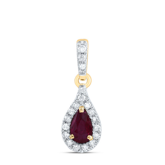 0.32 Ctw Natural Diamond Red Tear Drop Pendant in 14k Yellow Gold