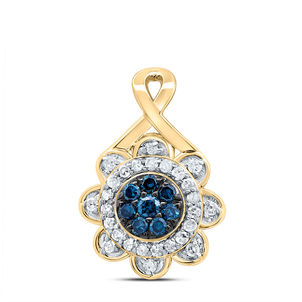 0.21 Ctw Natural Diamond Flower Blue Fashion Pendant in 10k Yellow Gold