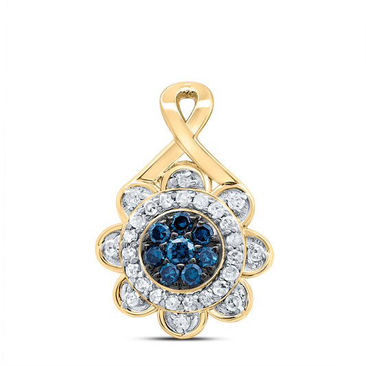 0.21 Ctw Natural Diamond Flower Blue Fashion Pendant in 10k Yellow Gold