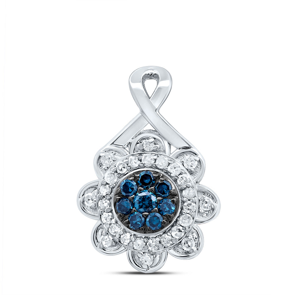 0.21 Ctw Natural Diamond Flower Blue Fashion Pendant in 10k White Gold