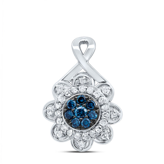 0.21 Ctw Natural Diamond Flower Blue Fashion Pendant in 10k White Gold