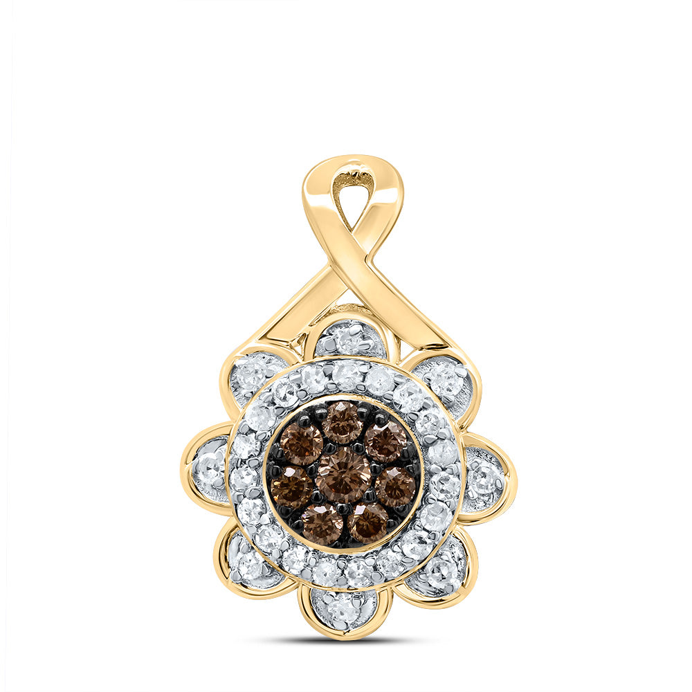0.2 Ctw Natural Diamond Brown Flower Fashion Pendant in 10k Yellow Gold