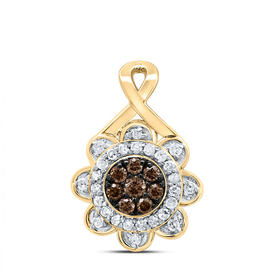 0.2 Ctw Natural Diamond Brown Flower Fashion Pendant in 10k Yellow Gold