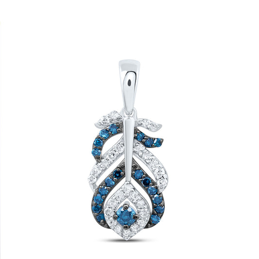 0.27 Ctw Natural Diamond Blue And White Peacock Feather Pendant in 10k White Gold