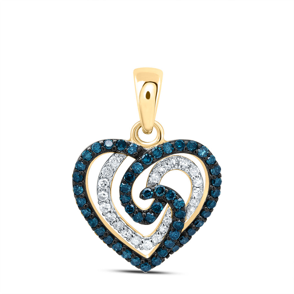 0.36 Ctw Natural Diamond Blue Diamond Open Heart Pendant in 10k Yellow Gold