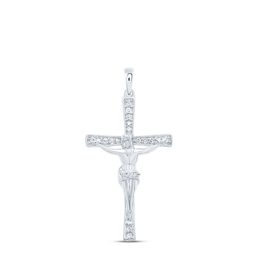 0.1 Ctw Natural Diamond Crucifix Jesus Cross Religious Pendant in Sterling Silver