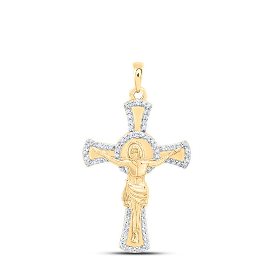 0.2 Ctw Natural Diamond Cross Crucifix Jesus Religious Pendant in 10k Yellow Gold