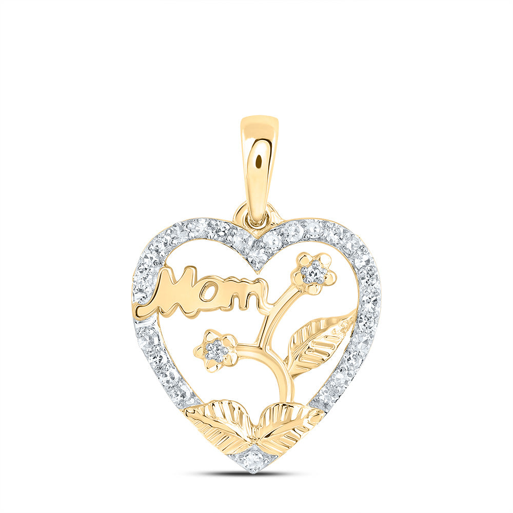 0.14 Ctw Natural Diamond Heart Mom Flower Pendant in 10k Yellow Gold