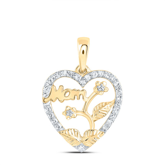 0.14 Ctw Natural Diamond Heart Mom Flower Pendant in 10k Yellow Gold
