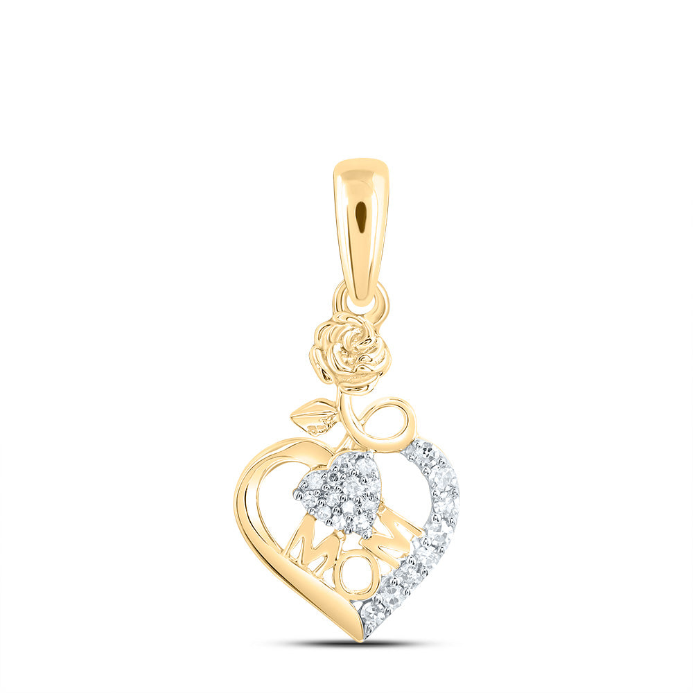 0.07 Ctw Natural Diamond Heart Mom Flower Mother Pendant in 10k Yellow Gold