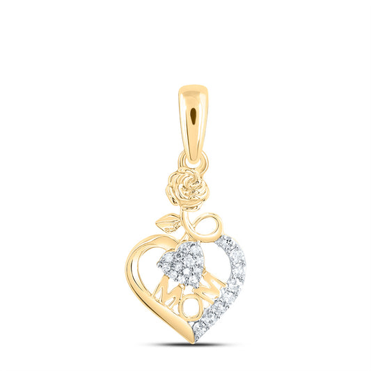 0.07 Ctw Natural Diamond Heart Mom Flower Mother Pendant in 10k Yellow Gold