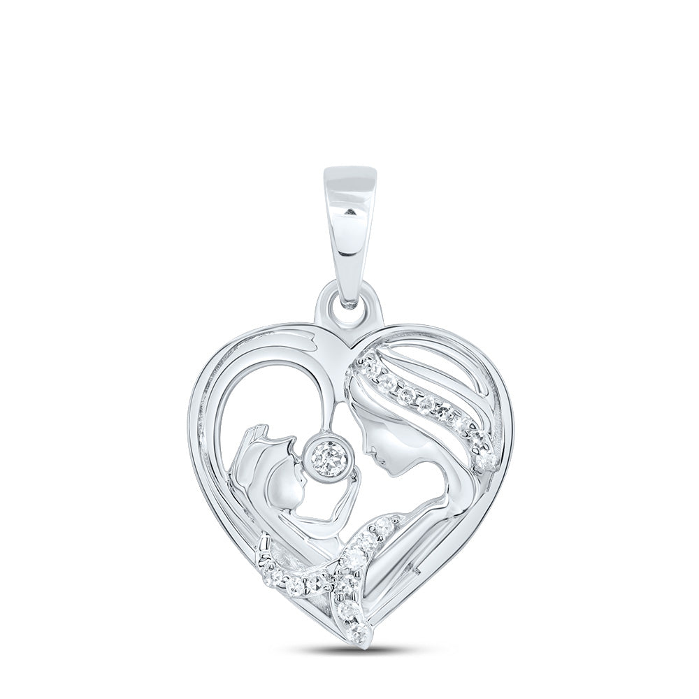 0.05 Ctw Natural Diamond Mom Child Open Heart Mothers Day Pendant in Sterling Silver