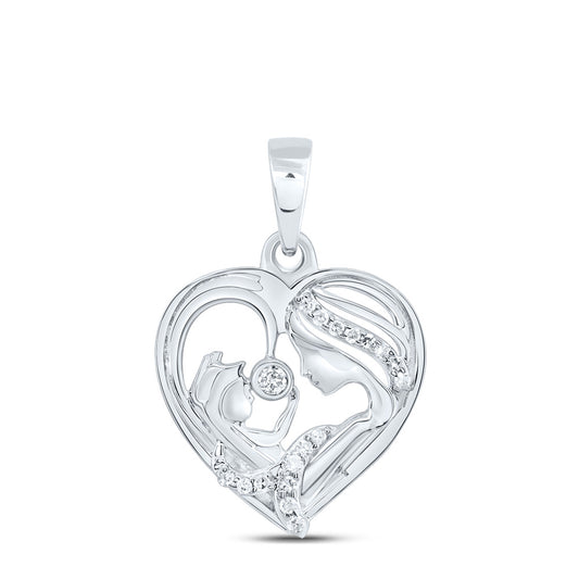 0.05 Ctw Natural Diamond Mom Child Open Heart Mothers Day Pendant in Sterling Silver