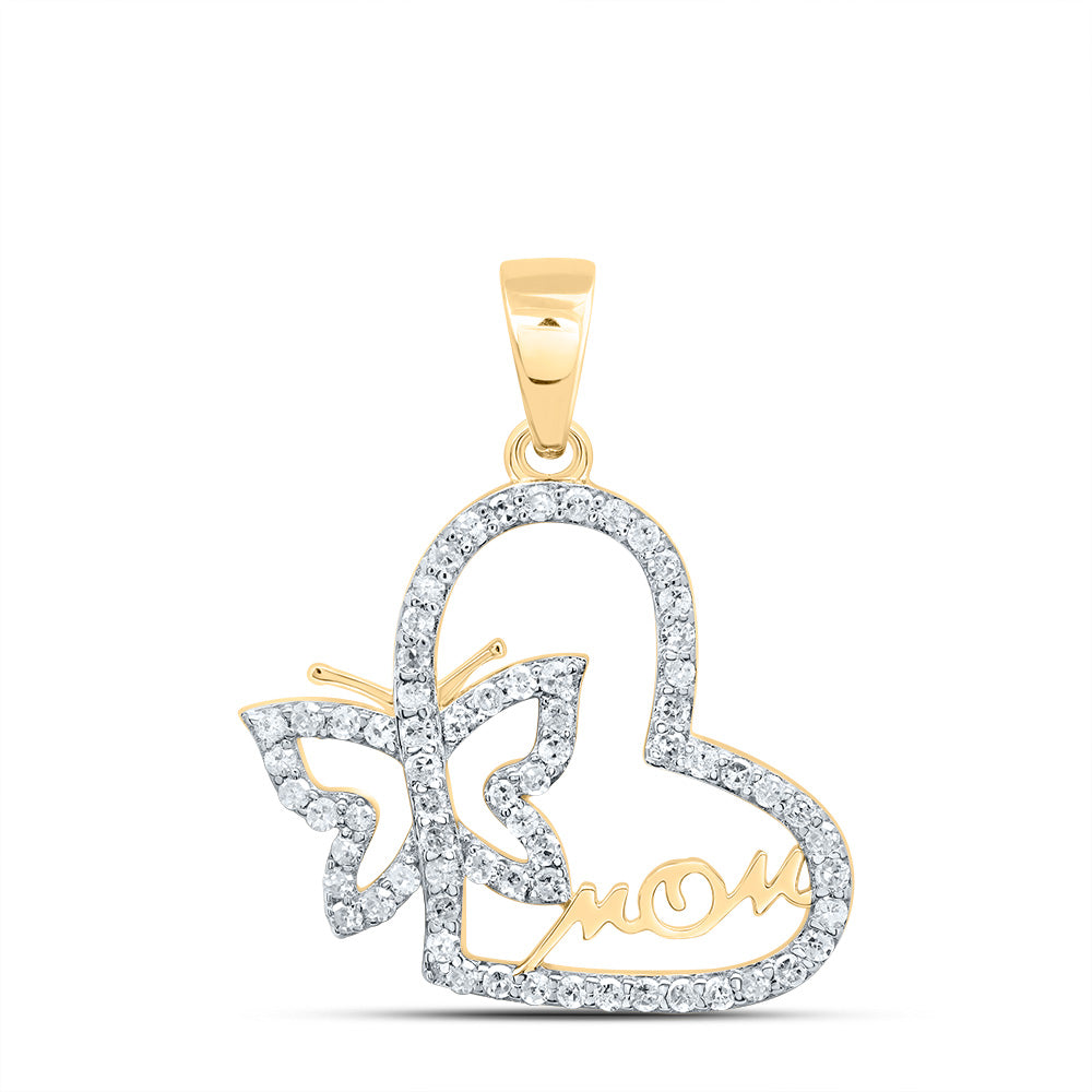 0.28 Ctw Natural Diamond Open Heart Butterfly Mom Mother Day Pendant in 10k Yellow Gold