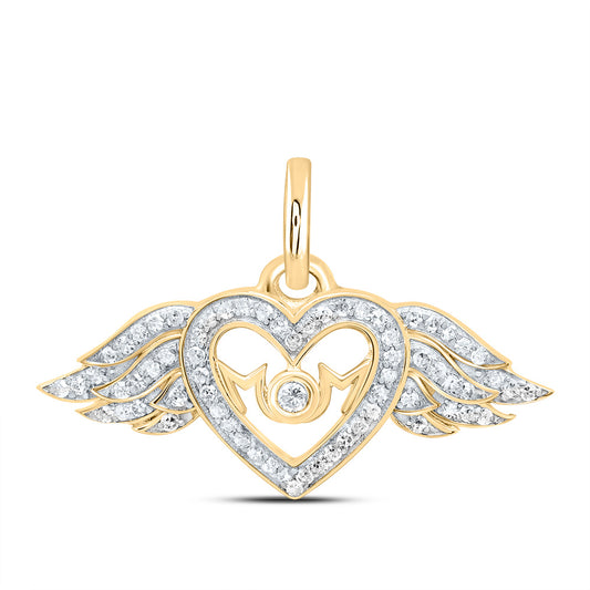0.16 Ctw Natural Diamond Mom Heart Wings Mothers Day Pendant in 10k Yellow Gold