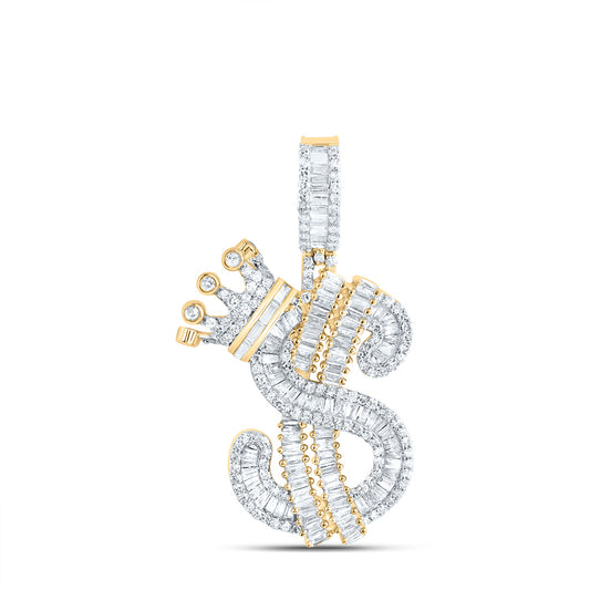 1.51 Ctw Natural Diamond Crown Dollar Sign Baguette Pendant in 10k Yellow Gold