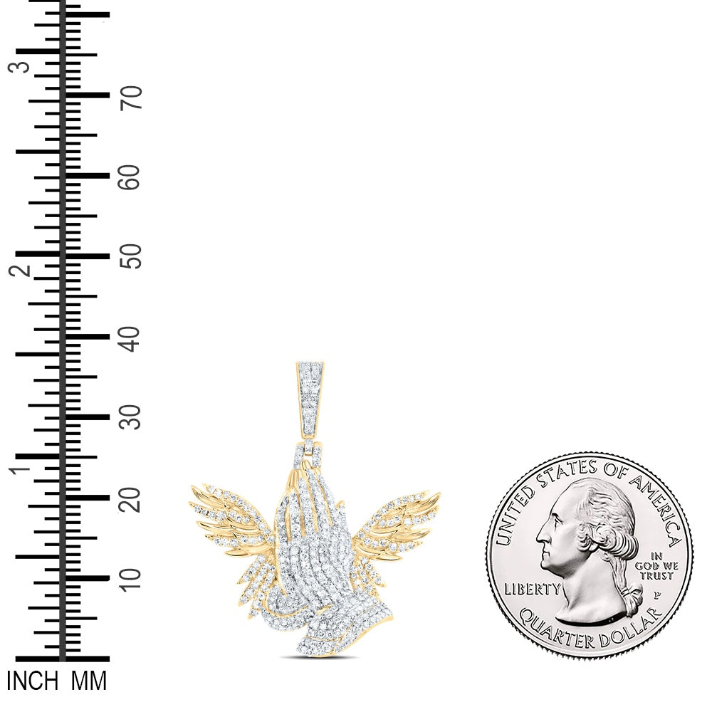 1.12 Ctw Natural Diamond Praying Hands Wings Pendant in 10k Yellow Gold
